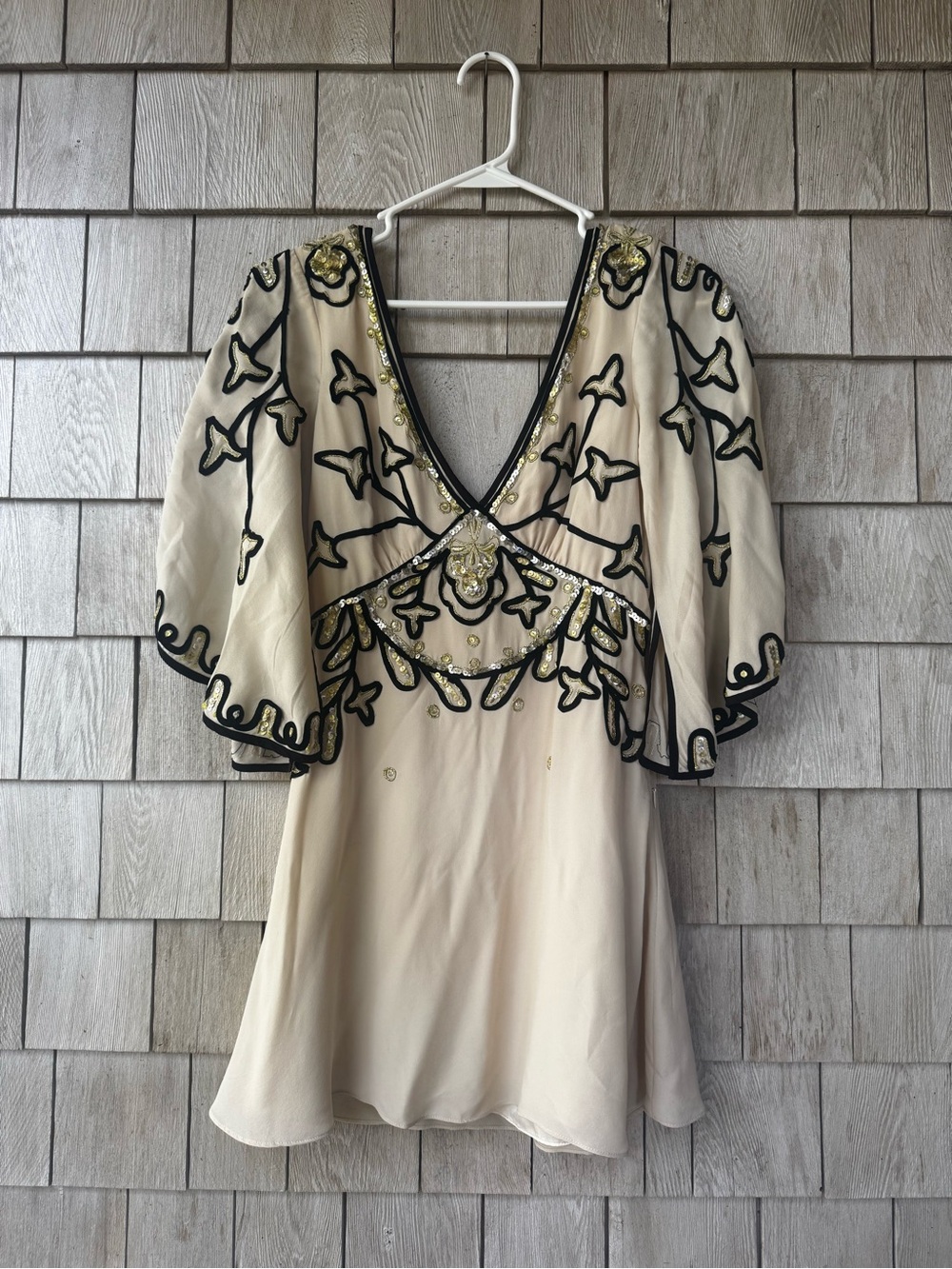 Temperley London Cream Mini Dress with Black & Gold Embroidery